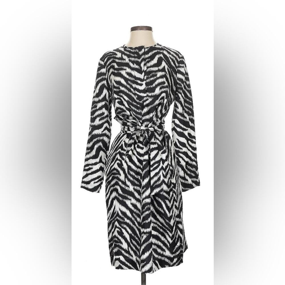 St. John Small Zebra Jacquard Sheath Shirt Silky Long Sleeve Tie Waist Dress